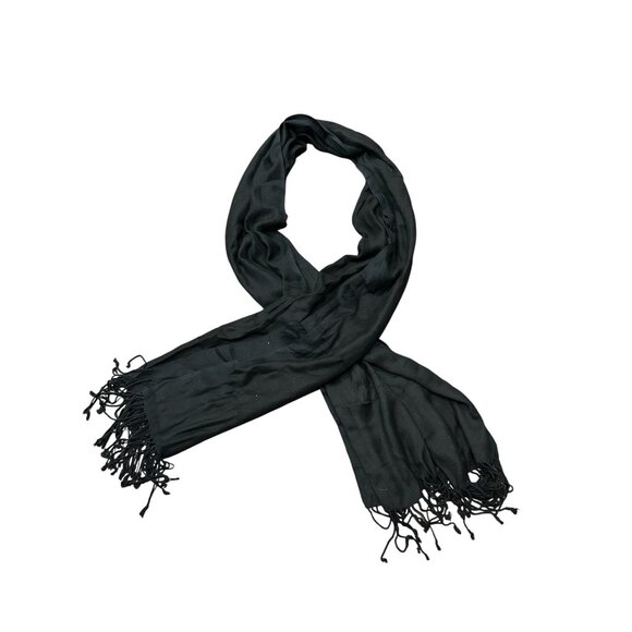 Elegant Fringe Trim Scarf Black One Size Rectangle Neck Wrap Shawl Outdoor Cozy - Picture 1 of 6